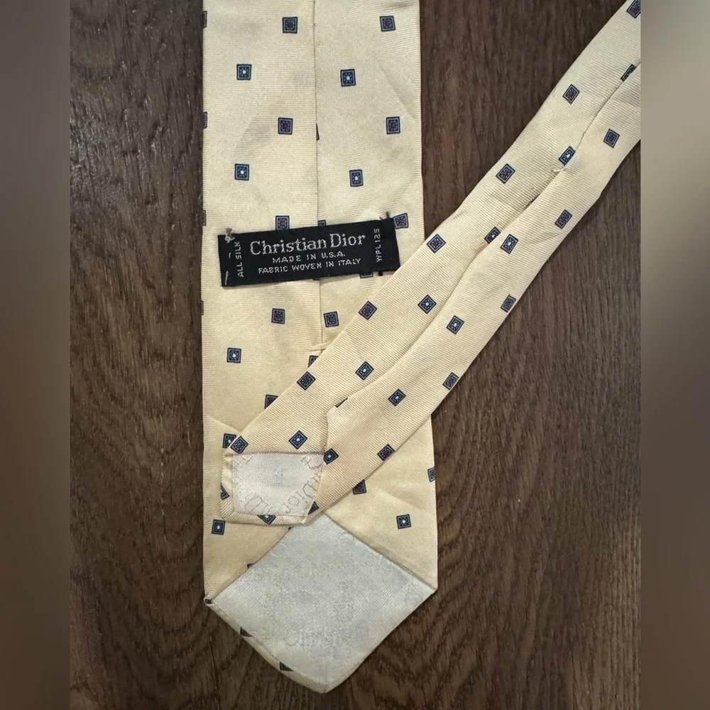 Christian Dior Tie 100% Silk Made in USA Cream Square Pattern